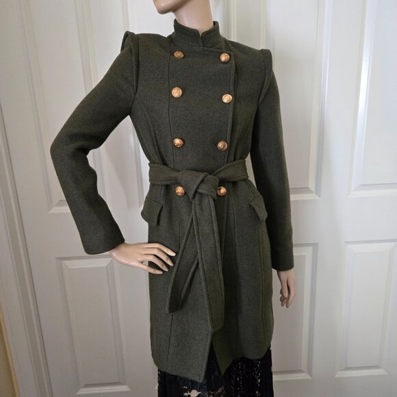 Zara Wool Blend Military Belted Coat SZ XS Army Green - Picture 1 of 11